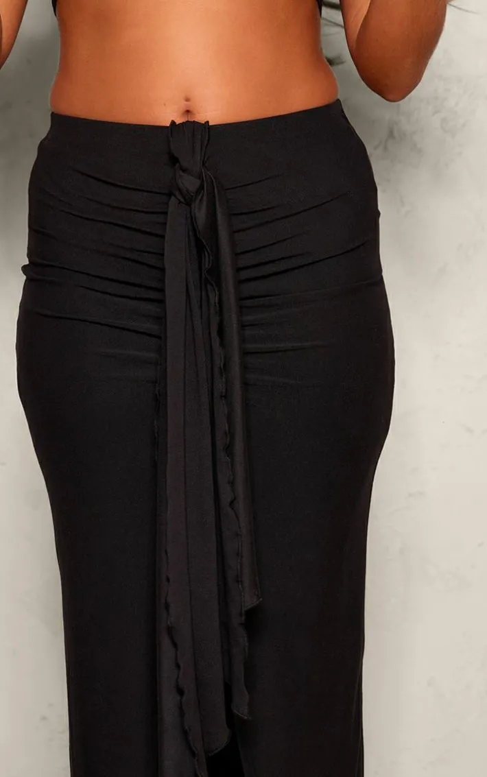 Black Soft Touch Ruched Knot Detail Split Leg Midaxi Skirt