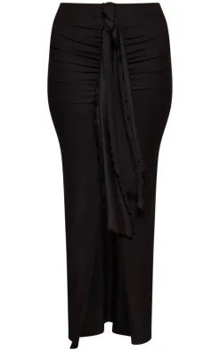 Black Soft Touch Ruched Knot Detail Split Leg Midaxi Skirt