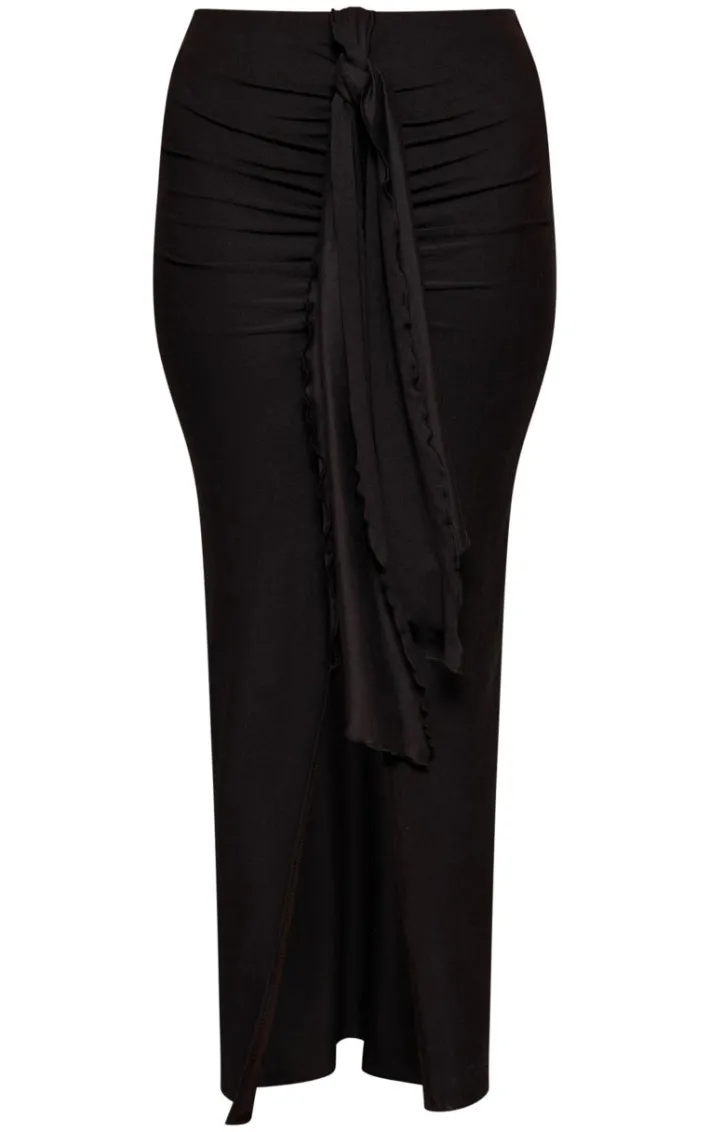 Black Soft Touch Ruched Knot Detail Split Leg Midaxi Skirt