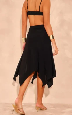 Black Soft Touch Slinky Handkerchief Hem Disc Midi Skirt