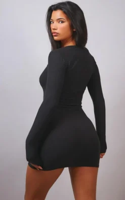Black Soft Touch Square Neck Long Sleeve Bodycon Dress