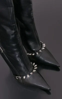 Black Spike Detail Point Toe Knee Boots