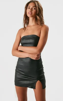 Black Split Hem Coated Denim Mini Dress