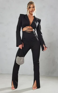Black Split Hem Tie Waist Cut Out Blazer Jumpsuit