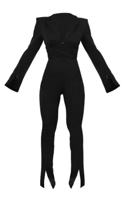 Black Split Hem Tie Waist Cut Out Blazer Jumpsuit