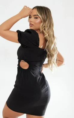 Black Square Neck Cut Out Ruched Bodycon Dress