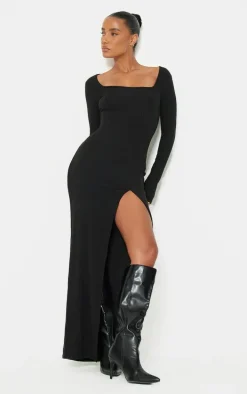Black Square Neck Split Hem Midaxi Dress