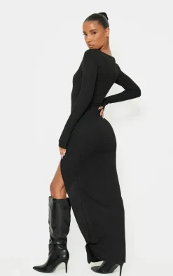 Black Square Neck Split Hem Midaxi Dress