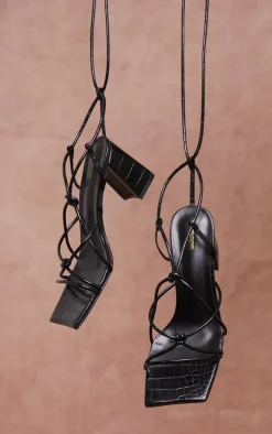 Black Square Toe Knotted Lace Up Block Sandals