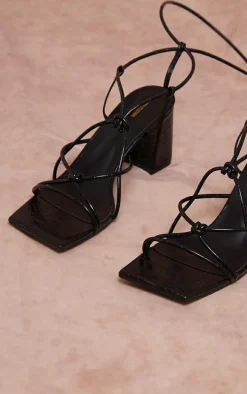 Black Square Toe Knotted Lace Up Block Sandals