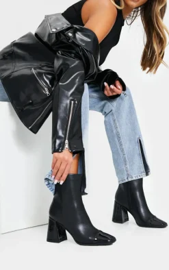 Black Square Toe Mid Flare Block Heels Ankle Boots