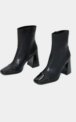 Black Square Toe Mid Flare Block Heels Ankle Boots