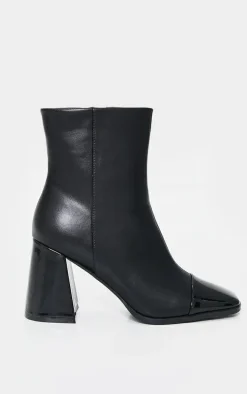 Black Square Toe Mid Flare Block Heels Ankle Boots