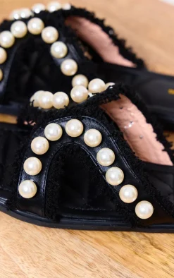 Black Square Toe Tassel Pearl Flat Sandals