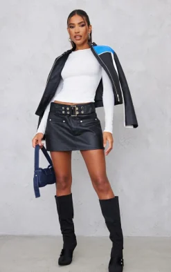 Black Statement Belt Coated Denim Mini Skirt