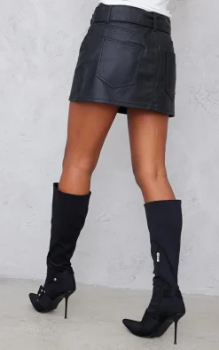 Black Statement Belt Coated Denim Mini Skirt