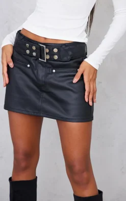 Black Statement Belt Coated Denim Mini Skirt