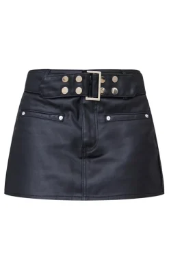 Black Statement Belt Coated Denim Mini Skirt