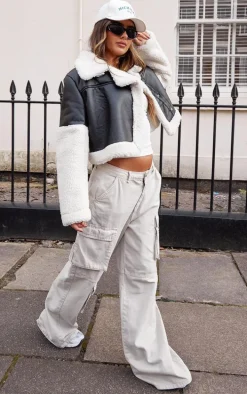 Black Statement Borg Trim Faux Leather Aviator Jacket