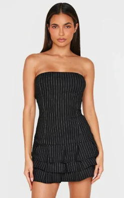 Black Stitch Detail Bandeau Frilled Shift Dress