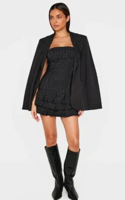 Black Stitch Detail Bandeau Frilled Shift Dress