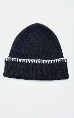 Black Stitch Detail Rib Beanie