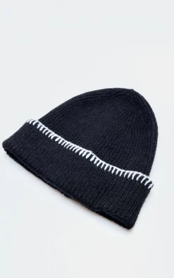 Black Stitch Detail Rib Beanie
