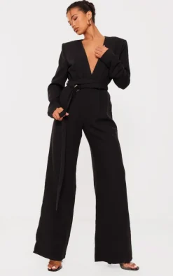 Black Strap Detail Cross Over Wide Leg Jumpsuit