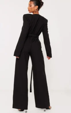 Black Strap Detail Cross Over Wide Leg Jumpsuit