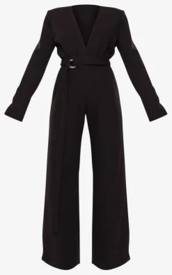 Black Strap Detail Cross Over Wide Leg Jumpsuit