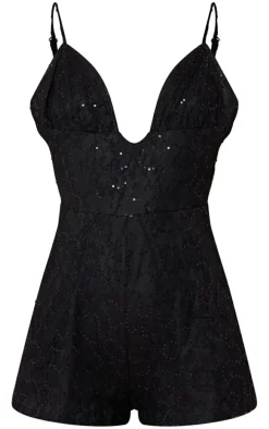 Black Strappy Lace Sequin Romper