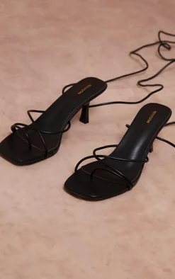 Black Strappy Lace Up Low Heel Sandals