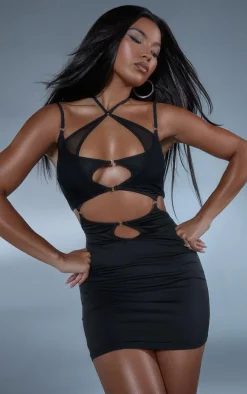 Black Strappy Mesh Detail Cut Out Bodycon Dress