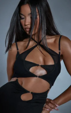 Black Strappy Mesh Detail Cut Out Bodycon Dress