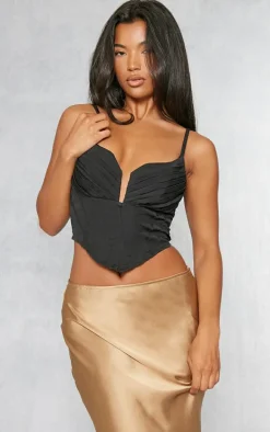 Black Strappy Pleated Bust Corset Detail Crop Top