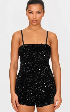 Black Strappy Sequin Hot Pant Romper