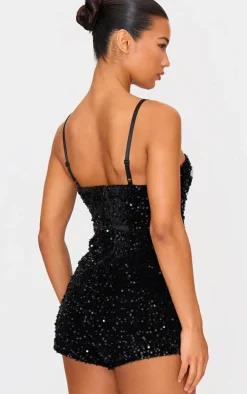 Black Strappy Sequin Hot Pant Romper