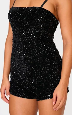 Black Strappy Sequin Hot Pant Romper