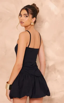 Black Strappy V Dip Waist Puffball Mini Dress