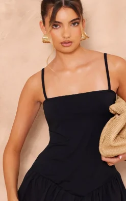 Black Strappy V Dip Waist Puffball Mini Dress