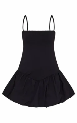 Black Strappy V Dip Waist Puffball Mini Dress