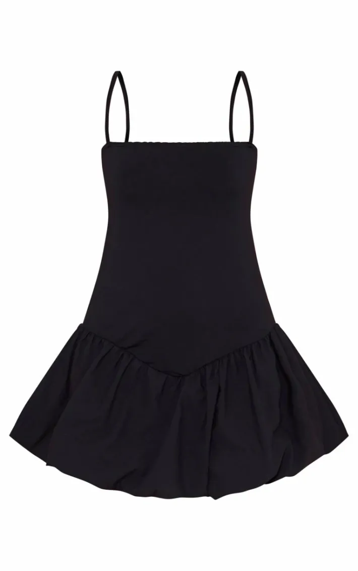 Black Strappy V Dip Waist Puffball Mini Dress