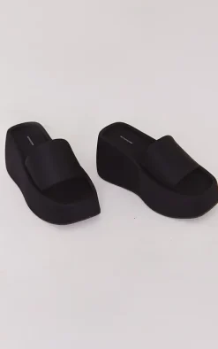 Black Stretch Chunky Platform Wedge Heel Slides