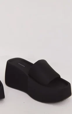 Black Stretch Chunky Platform Wedge Heel Slides
