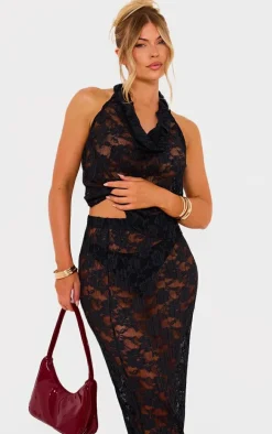 Black Stretch Lace Frill Crop Top