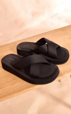 Black Stretch Lycra Square Toe Cross Strap Flatform Sandals