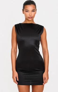 Black Stretch Satin Boat Neck Mini Dress