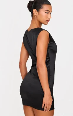 Black Stretch Satin Boat Neck Mini Dress
