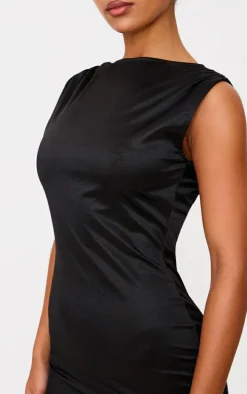 Black Stretch Satin Boat Neck Mini Dress