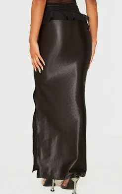 Black Stretch Satin Split Side Maxi Skirt